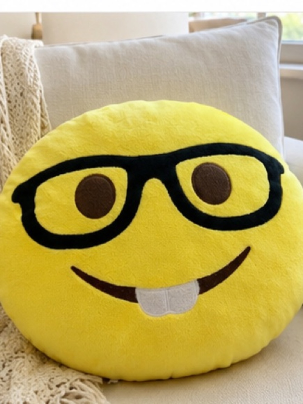 Cute Nerd Emoji Plush Pillow w/ Glasses Yellow Smiley
